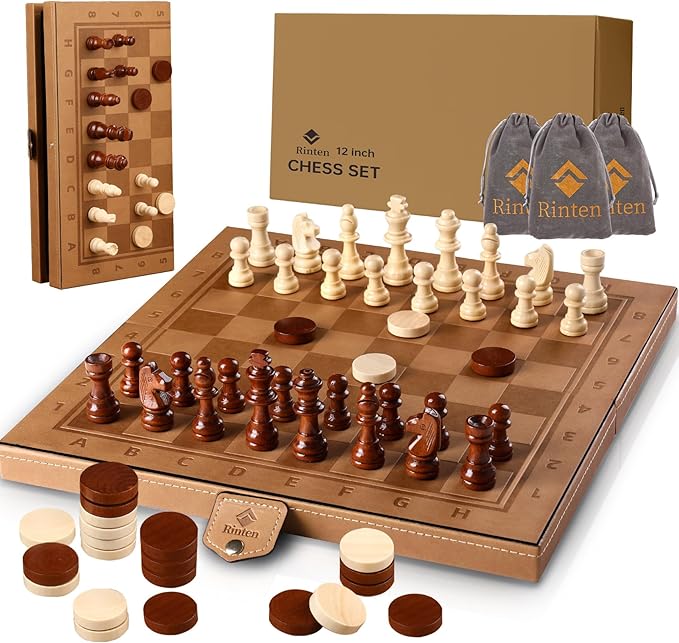 Chess Set Board for Kids & Adults, 12" Travel Magnetic Chess & Checkers Folding Board 2 in 1 Sets, Portable Folding Leather Chess Boards with 3 Velvet Bag Packaging Pieces