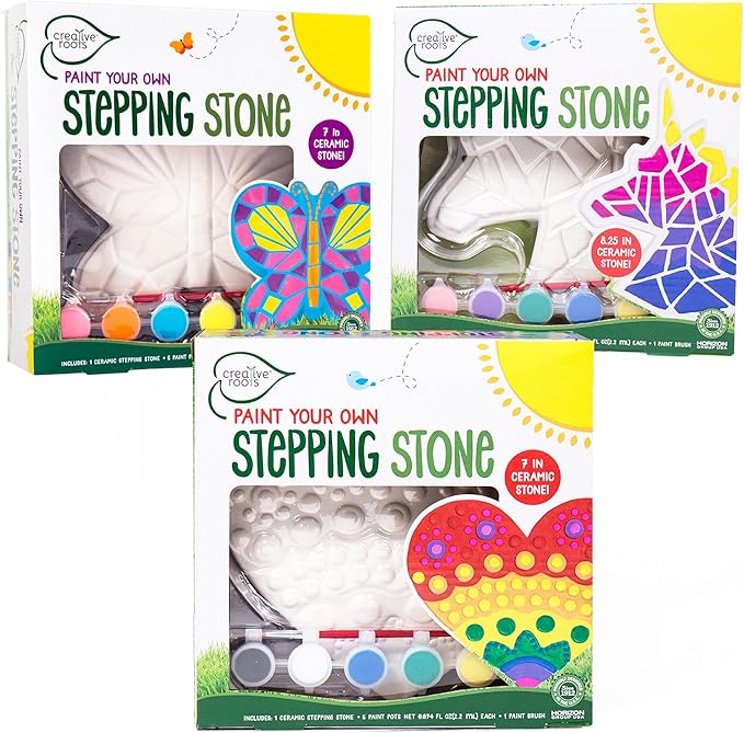 Creative Roots Paint Your Own Stepping Stones Multipack with Butterfly, Unicorn, & Heart, 3 Ceramic Stepping Stones (7 Inch Each), 18 Acrylic Paints, 3 Paintbrushes, Ages 8+