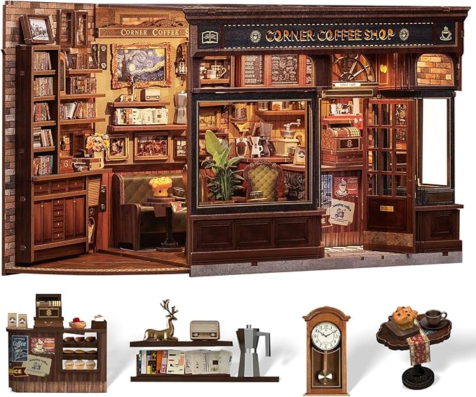 Cutefun Book Nook Kit - DIY Miniature Doll House Kit, Book Nook Kits for Adults, 3D Wooden Puzzle Bookend Bookshelf with LED Light for Cafe Crafts Lovers (Corner Coffee Shop)