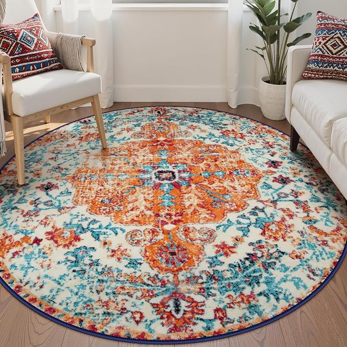 Lahome Bohemian Floral Medallion Round Rug - 6Ft Soft Rug for Living Room Washable Rug for Dining Room, Vintage Faux Wool Non Slip Cute Table Throw Carpet for Coffee Table Nursery Guest Room