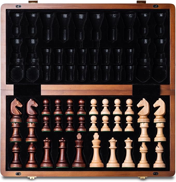 A&A 15" Magnetic Wooden Chess Set, Handmade 3" King Height Knight Staunton Chess Pieces with 2 Extra Queen, Folding Portable Travel Game Set
