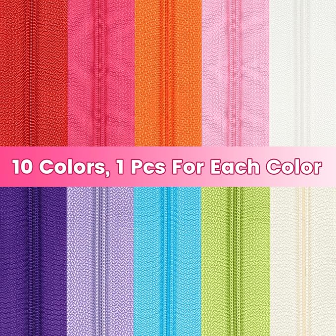 DOITEM 31 Yards 10 Pieces Sewing Zippers #3 Nylon Coil Zippers 10 Colors Assorted Zipper for Sewing with 40 Zipper Sliders for DIY Tailor Sewing Crafts Supplies,
