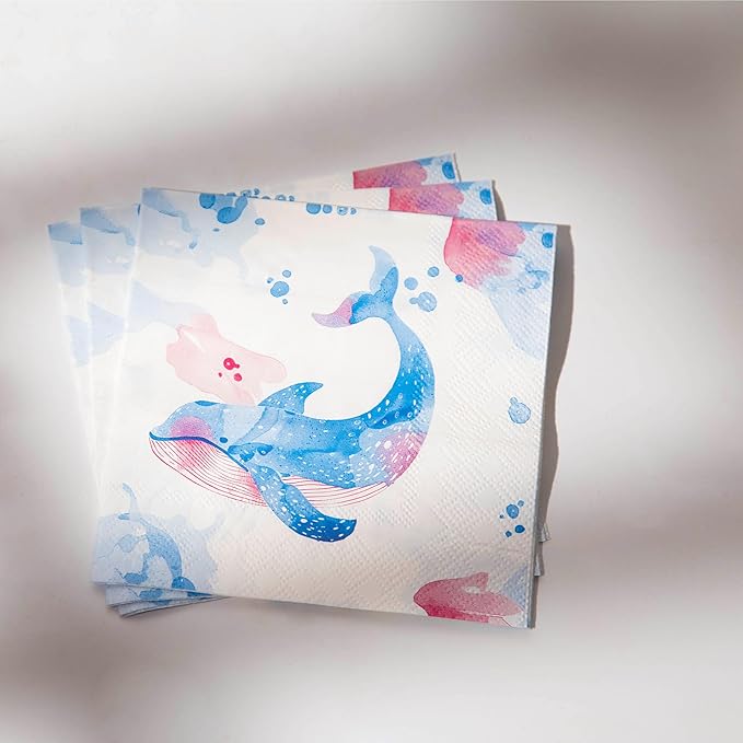 80 pcs Premium Designer Cocktail Beverage Napkins, 3-Ply 5 x 5-inches Disposable Napkin, Aqua Amore Dreams of Whale