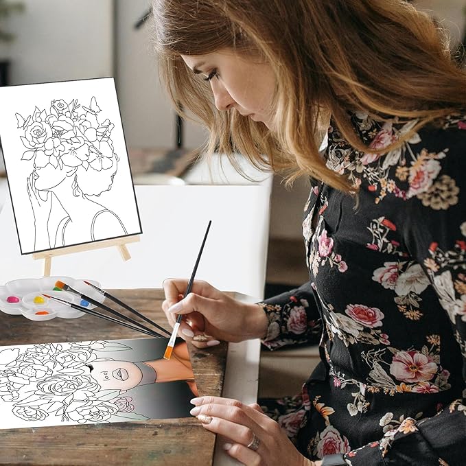 Cholemy 36 Pcs Paint and Sip Kit for Adults 8''x10'' Pre Drawn Canvas for Painting DIY Afro Acrylic Painting Kit Wood Easel Brushes Date Night Bulk for Christmas Party Gifts(Flower Lady)