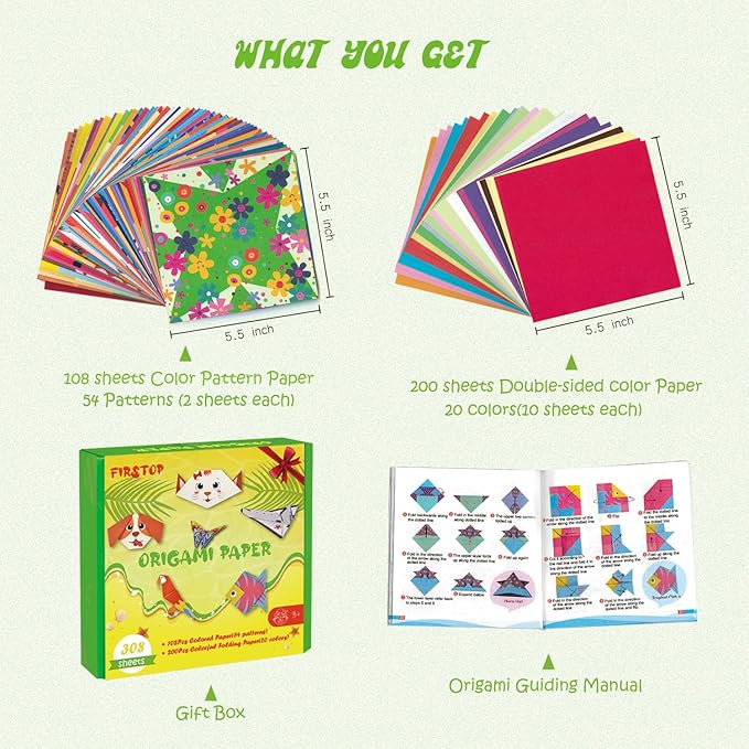 308 Sheets Origami Paper Kit, 5.5inch Craft Origami Set for Kids Ages 5-12, with 54 Patterns & Guiding Book for Beginners, Art Projects for Children Adult, Birthday Christmas Gifts for Boys&Girls