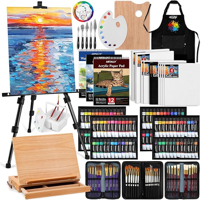 179Pcs Professional All-in-One Art Painting Kit with Aluminum & Beech Wood Easel, 96 Acrylic, Watercolor & Oil Paint Set, Complete Art Supplies Painting Set for Adults, Artists, Beginners