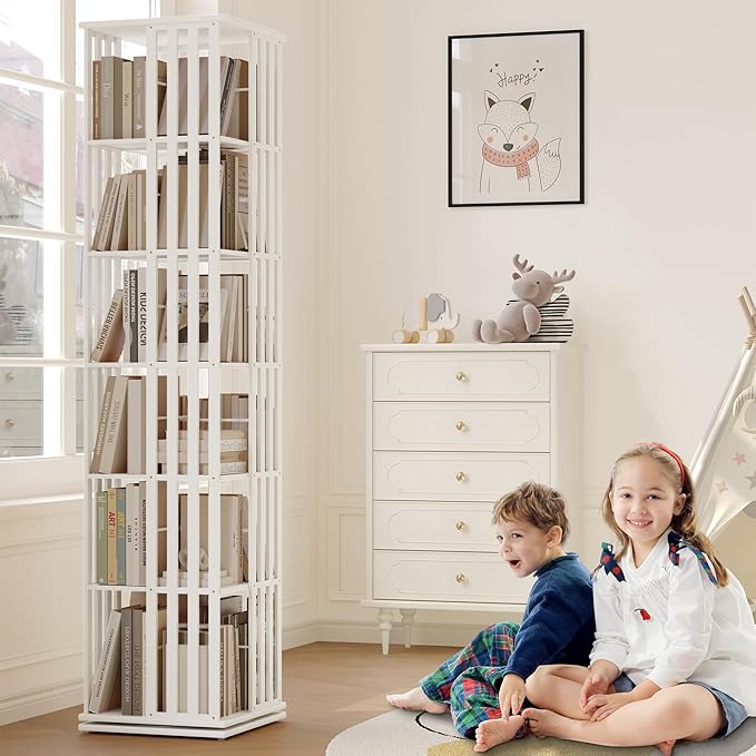 YOWOS Rotating Bookshelf Tower, 360 Display Spinning Bookcase, Bamboo Bookshelf Floor Standing Storage Rack, Wood Narrow Book Shelf Organizer for Kids&Adults (White, 6 Tier)