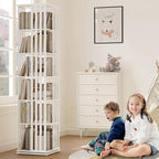 YOWOS Rotating Bookshelf Tower, 360 Display Spinning Bookcase, Bamboo Bookshelf Floor Standing Storage Rack, Wood Narrow Book Shelf Organizer for Kids&Adults (White, 6 Tier)