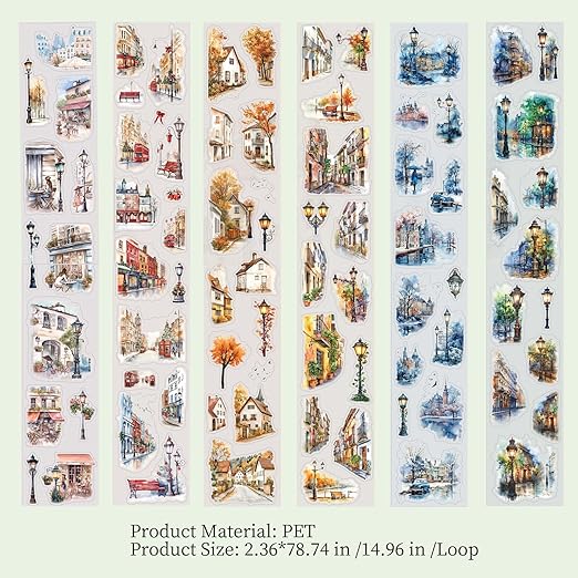 PET Tape Stickers for Journaling,6 Rolls Transparent Street Landscape Stickers for Scrapbook Supplies,Junk Journal,DIY Arts Crafts(Street Corner Travels)
