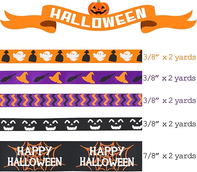 MEEDEE 3/8 inch 1 inch Halloween Ribbon Set Spooky October Ribbon Assortment 5 Rolls 10 Yards Halloween Crafts, Fall Gift Wrap, Party Decorations, Autumn Wreaths, Trim Bundle, Wreath Bow Supplies