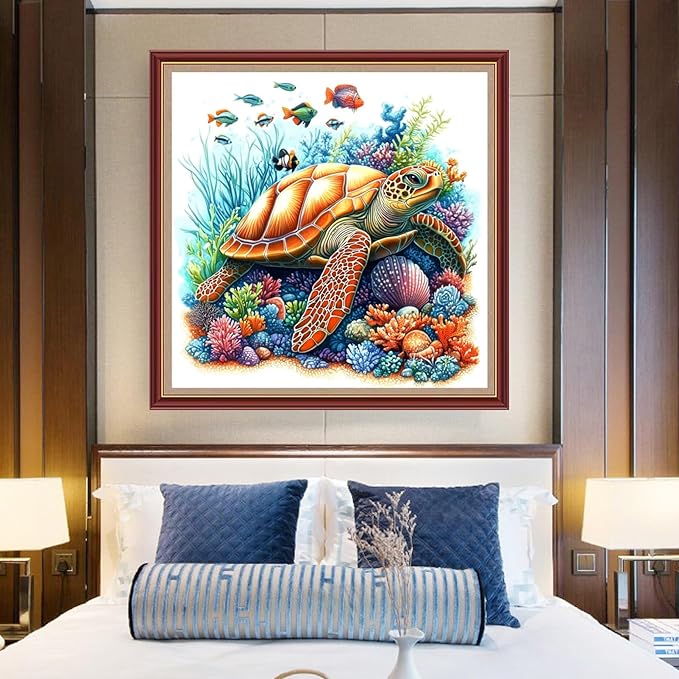 DMCXART Counted Cross Stitch Kits for Adults Needlepoint Kits Unprinted Cross Stitching Embroidery Kit 11CT Cross Stitch Supplies-Turtle Coral Fish 18x18 inch
