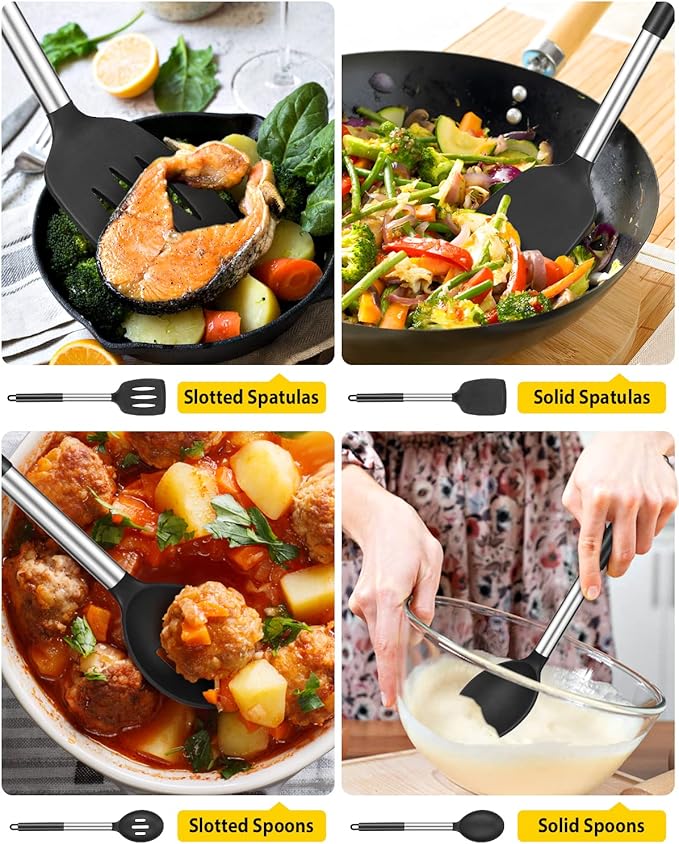 Pack of 4 Silicone Cooking Utensils Set, Non Stick Large Solid Spatulas, Heat Resistant Black Slotted Spoons, Ideal BPA Free Kitchen Turners for Frying, Mixing,Serving,Draining,Turning,Stirring