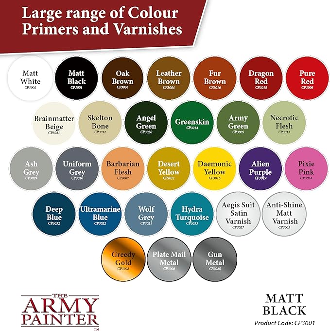 The Army Painter Base Primer Matt Black, 400 mL Acrylic Spray Primer, Spray Paint Basecoat for Miniature Priming, Tabletop Roleplaying, Boardgames, and Wargames Miniature Modelling