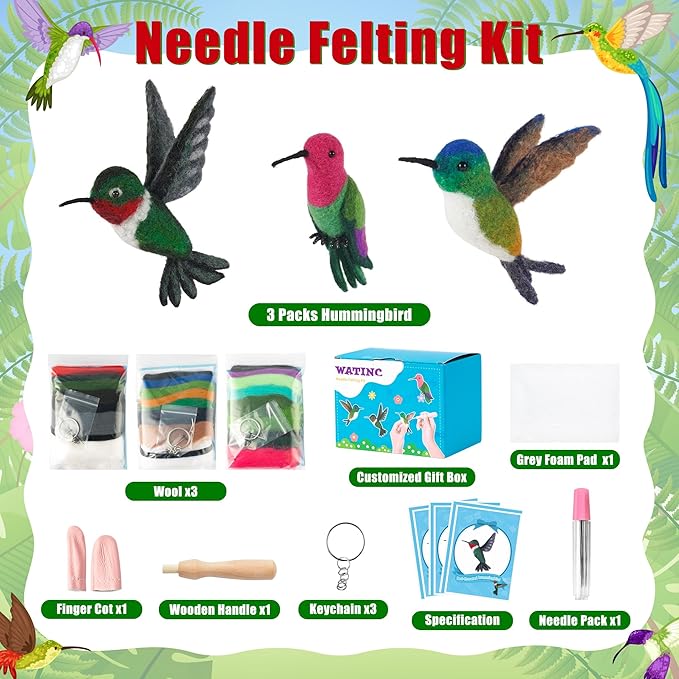 WATINC Needle Felting Kit - 3 Set Unique Different Cute Doll Wool Felt Needle Tools Foam Pad Instruction, DIY Home Decoration Craft Party Supplies for Art Work Starter Beginners (Hummingbird)
