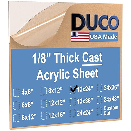 Duco USA-Made Clear Cast Acrylic Sheet 1/8 Inch Thick 12" x 24" - 1 Pack of Transparent Plexiglass Sheet - Lightweight Acrylic Board for Window Replacements, Displays, Signs, and More