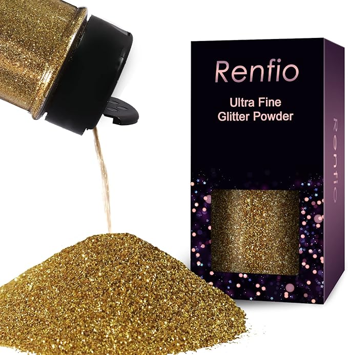 Renfio Ultra Fine Glitter Powder Metallic Resin Glitter 2.11 Oz (60g) PET Flakes Crafts Sequins 1/128" 0.008" 0.2mm Epoxy Chips Flakes for Tumblers Slime Decoration - Light Gold