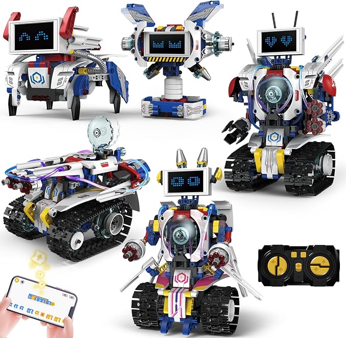 5-in-1 STEM Robot Building Kit for Kids Ages 8-16, Remote & App Controlled, Rechargeable Engineering Learning DIY Coding Toy, Educational Building Blocks Gift for Girls & Boys (603 PCS)