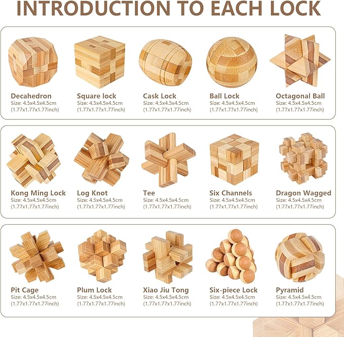 VolksRose 15pcs Wooden Brain Teaser Puzzles, IQ Challenge Puzzle Games, Logic Smart Mind Puzzle Box Lock Toy Removing Assembling 3D Small Puzzle Gift Set for Adults Teenagers Kids, 1.8inch 4.5cm
