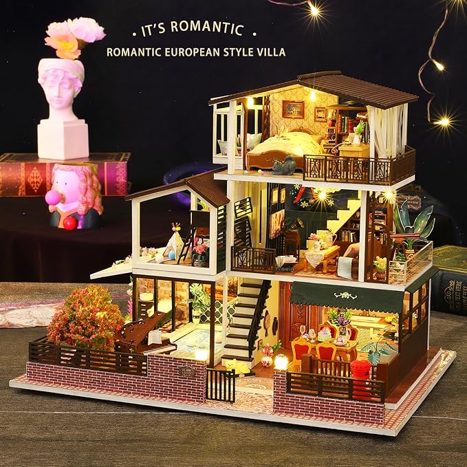 Spilay Dollhouse DIY Miniature Wooden Furniture Kit,Mini Handmade Big Castle Model,1:24 Scale Creative Doll House Toys for Adult Gift