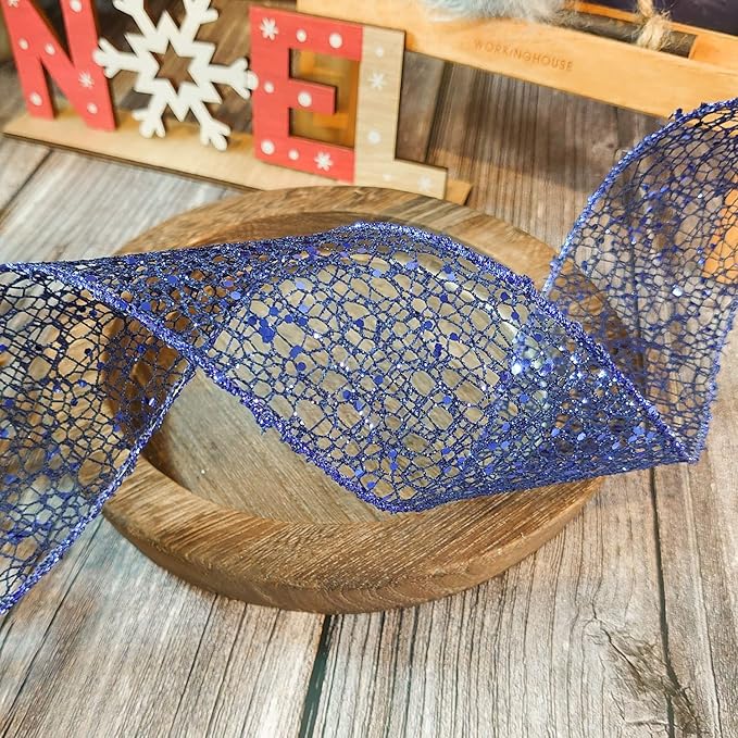CT CRAFT LLC Sparkling Glitter Mesh Wired Ribbon 2.5" x 10 Yards Blue Navy for Christmas Home Decor Bow Gift Wrapping DIY Crafts Wreath