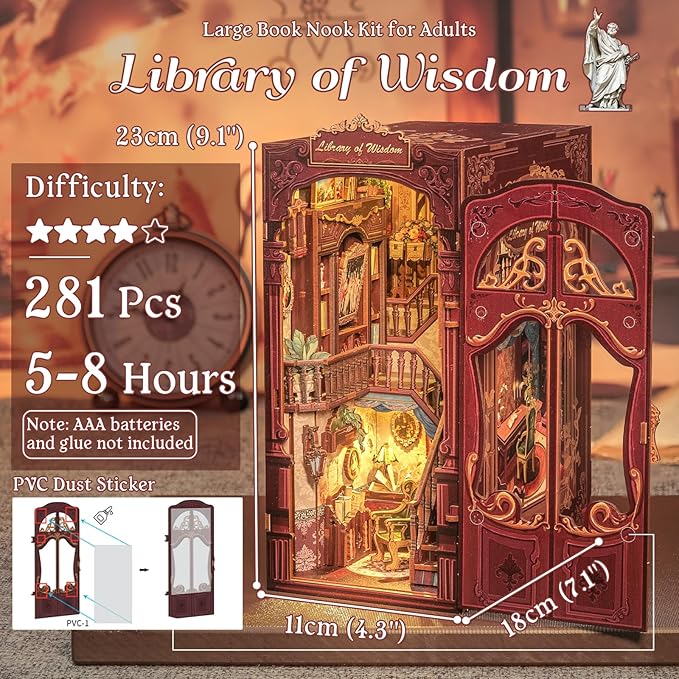 Fsolis Book Nook Kits, DIY Miniature House Kit 3D Puzzles for Adults Tiny House Mini Craft Bookshelf Nook Decor Gifts for Women Teenagers Book Lovers (Library of Wisdom)