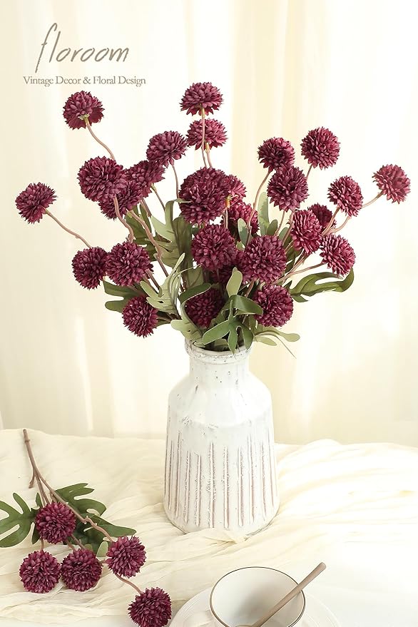 Floroom 5pcs Burgundy Faux Silk Mums Artificial Flowers, Bulk Fake Small Mini Chrysanthemums with Stems for DIY Wedding Centerpieces Floral Arrangements Vase Fillers Home Decorations