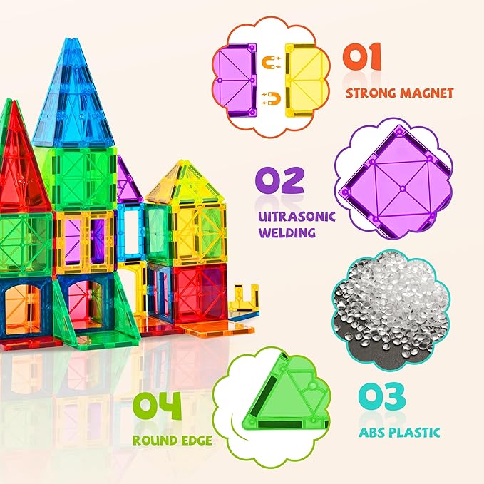 cossy 60 Pcs Magnet Tiles Magnetic 3D Building Blocks Set Educational Construction Toys for 3+ Year Kids with Stronger Magnets, Rivets-Fastened, Educational,Recreational, Conventional