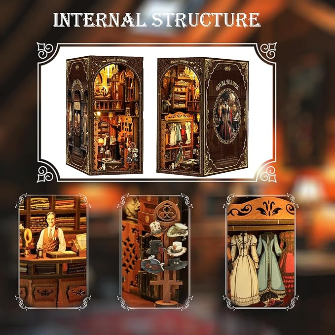 Book Nook Kit for Adults with Dust Cover & LED Light, DIY Miniature House Kit 3D Printed Booknook Wooden Puzzle Dollhouse Bookshelf Insert DIY Craft Model Build Gift for Birthdays, Royal Seamer
