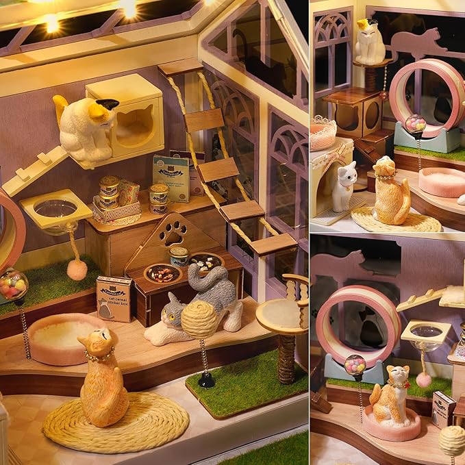 TuKIIE DIY Miniature House Kit with Furniture, 1:24 Scale Creative Room Mini Wooden Dollhouse Book Nook Plus Dust Proof & Music Movement for Kids Teens Adults(Cat Shop)