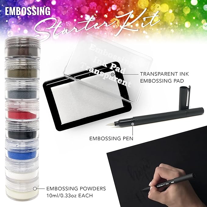 Embossing Kit, Powder, Clear Embossing Pen, Embossing Ink Pad, 8X 10ml Embossing Powders for Use with Embossing Heat Tool for Crafts