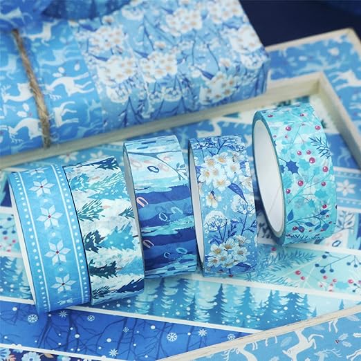 YUBBAEX 10 Rolls Four Seasons Washi Tape Set Blue Snowflake Masking Decorative Tapes (Winter)