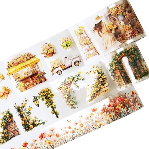 Floral Sea PET Tape Set, 3 Rolls Pre-Cut Botanical Stickers for Scrapbooking, Journaling, DIY Crafts, and Collage Art (30 mm/50 mm/55 mm)