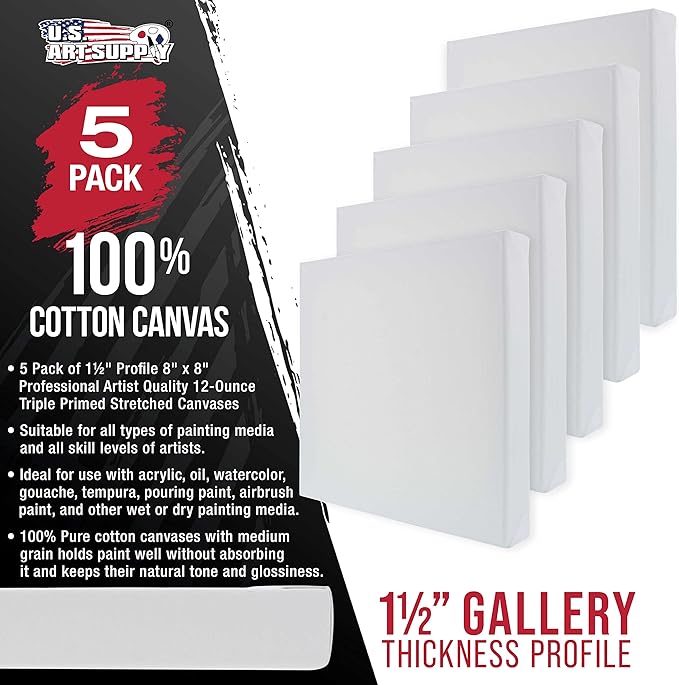 U.S. Art Supply Square Stretched Canvas for Painting 8x8 inch Gallery Depth 1-1/2" Thick, 5-Pack - 12oz Acrylic Gesso Triple Primed, Professional Artist Quality, 100% Cotton - Pouring, Oil Paint