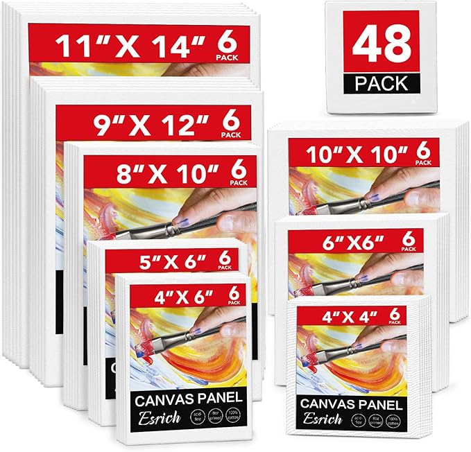 ESRICH 48 Pack Canvas Boards for Painting, 6Pcs of 4x4, 4x6, 5x6, 6x6, 8x10, 10x10, 9x12, 11x14 Canvas for Painting, Cotton Primed Blank Painting Canvas Panels for Oil, Acrylic, Watercolor