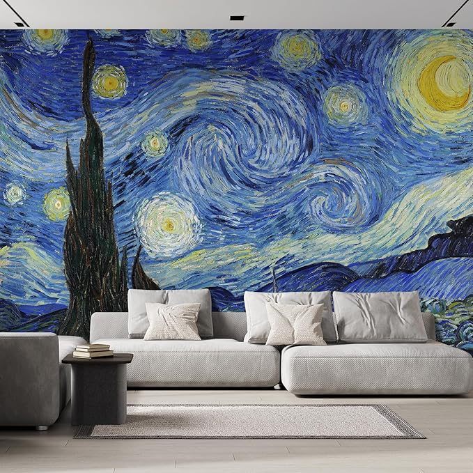 wall26 Wall Sticker/Wall Mural Starry Night by Vincent Van Gogh Dutch Impressionism, Not Peel and Stick, Non-Woven Wallpaper Decorative for Bedroom, Living Room, Office - 96x144 inches