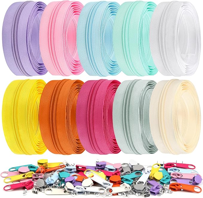 DOITEM 22.2 Yards/ 20 m 10 Pieces Assorted Colors #5 Nylon Coil Zippers, Sewing Zippers Endless Zips with 40 Pieces Zipper Sliders Zip Heads for Sewing Tailor Craft Supplies