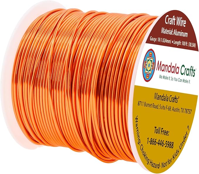 Mandala Crafts 18 Gauge Anodized Aluminum Craft Wire for Jewelry Making - 100 FT Colored Flexible Orange Wire - Bendable for Bonsai Armature Crafting Sculpting