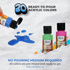 Acrylic Pouring Paint Set - 30 Basic, Neon, Metallic, and Pastel Colors - Easy To Use & Ready To Pour Acrylic Paint for Canvas, Paper, Wood, and More - 2 Ounce Bottles