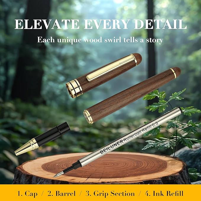 BEILUNER Luxury Wood Ballpoint Pen Writing Set,Walnut-Elegant Fancy Nice Gift Pen Set for Signature Executive Premium Office Fancy Nice Supplies - Christmas Gift Boxed with Extra Refills (Black)