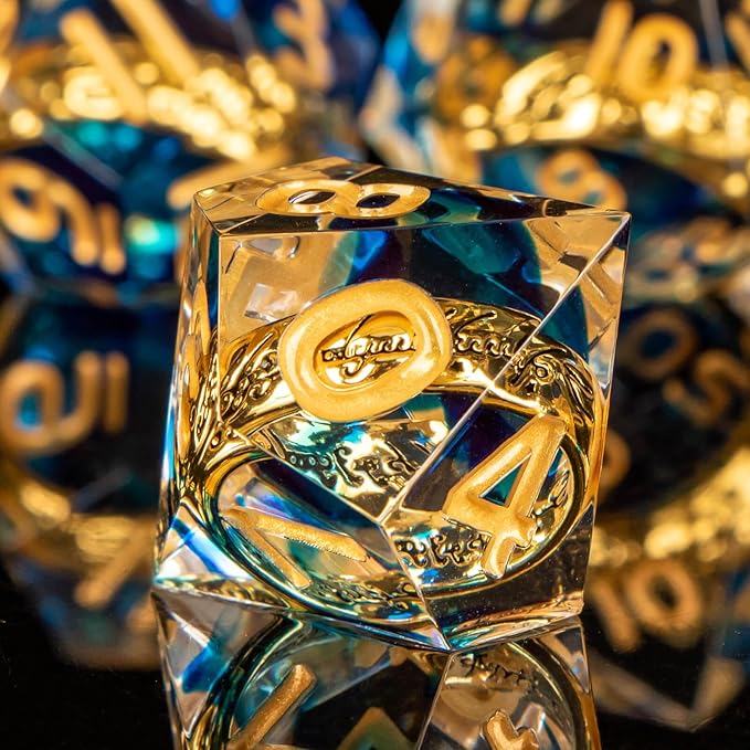 OUKELANWO Magic Lord Rings DND Dice Set with Box, 7Pcs Resin LOTR D&D Dice Set for Role Playing Game, Blue Gold Dungeons Dragons D and D Sharp Edge Dice D20 D12 D10 D8 D6 D4