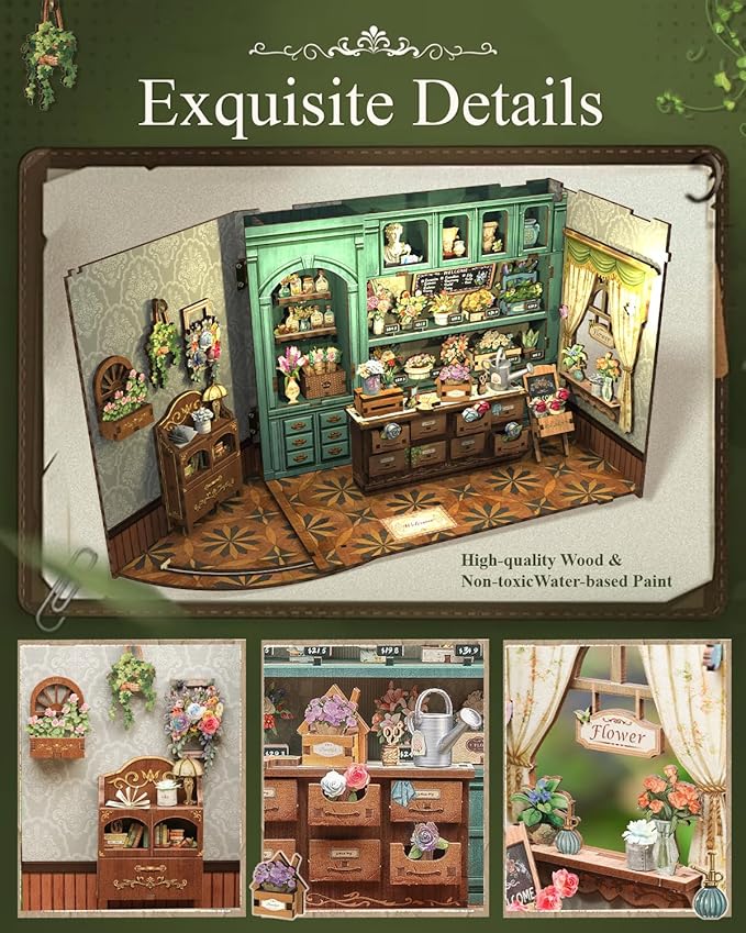 Cutefun Book Nook Kit - DIY Miniature House Dollhouse Kit, Book Nook Kits for Adults, Bookshelf Insert Bookend with LED Light for Teens and Adults (Blossom Florists)