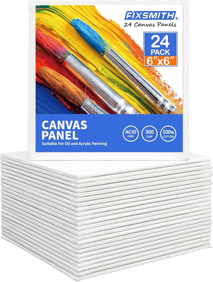 FIXSMITH Painting Canvas Panel Boards -Art Canvas,24 Pack Small Square Canvases,Primed Canvas Panels,100% Cotton,Acid Free,Artist Canvas Board for Hobby Painters,Students & Kids (White, 6"x6")