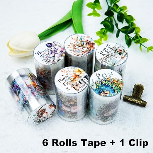 Dreamy Floral PET Tape Set with Clip, 6 Rolls Pre-Cut Vintage Tape for Journaling, Scrapbooking, DIY Crafts, and Planners