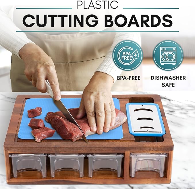 Acacia Cutting Board with Containers & Lids - Board Meal Prep System w 4 Graters, 2 Plastic Chopping Board for Meat, Juice Grooves & More - Cutting Board Prep Station for Kitchen