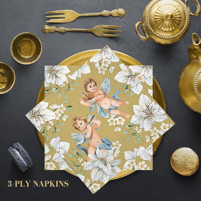 20-ct 13x13 Christmas Paper Decoupage Napkins, 3-Ply Servilletas Tissue Napkin for Dinner and Parties, Disposable Napkins (Angel Flower)