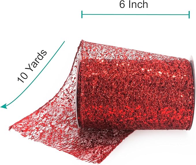 CT CRAFT LLC Sparkling Glitter Mesh Wired Ribbon 6" x 10 Yards Red for Christmas Home Decor Bow Gift Wrapping DIY Crafts Wreath