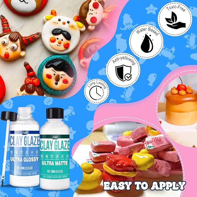 Air Dry Clay Glaze - Upgraded Polymer Clay Glaze, 2 x 100ml Ultra Gloss and Matte Finish Varnish Pottery Glaze, Clay Sealant to Prevent Scratches, Wear, Cracking - Professional Clay Tools, Quick Dry