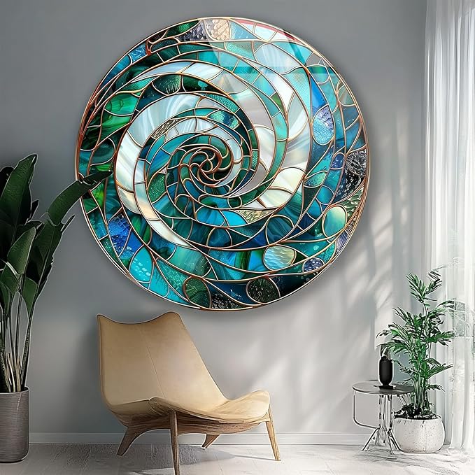 My Photostation.com 27.5''(70cm) Diameter Aqua Spiral Harmony Round Glass Wall Art Tempered Glass Printing Wall Decor Large Wall Art Wall Hangings