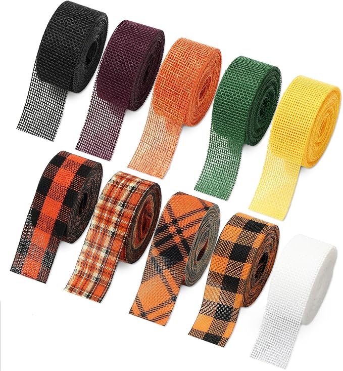 10 Rolls 50 Yard Halloween Plaid Burlap Ribbon Rolls 1 Inch Gift Wrapping Ribbon Decorative for DIY Crafts Wreath Bow Making Supplies Home Decor