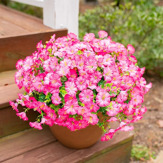 Artificial Flowers Fake Plants for Outdoors Decoration, 12 Bundles Pink Silk Morning Glory with Eucalyptus Realistic UV Resistant Faux Flowers Greenery for Outside Planter Yard Garden Home Indoor